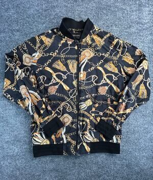 Denim and Flower Ricky Singh Bomber Jacket Chain Print Full Zip Mens M